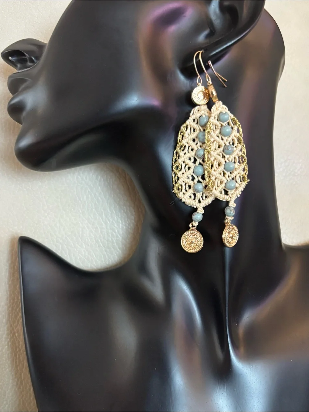 NWT NKN Nekane Kant Boho Macrame Dangle Earrings Turquoise Beads Gold